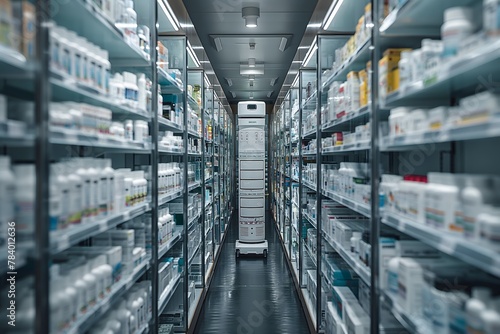 Schmaler Apothekengang, flankiert von hohen Regalen voller Medikamentenboxen. Ein Apothekenroboter navigiert durch die Apotheken und sorgt für eine effiziente und präzise Medikamentenbeschaffung