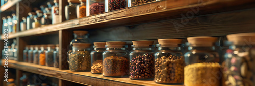 Macro shot of a collection of aromatic spices in a kitchen pantry, hyperrealistic photography of modern interior design