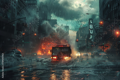 A fire truck is driving through a flooded city street. The scene is chaotic and dangerous, with cars and other vehicles scattered throughout the water