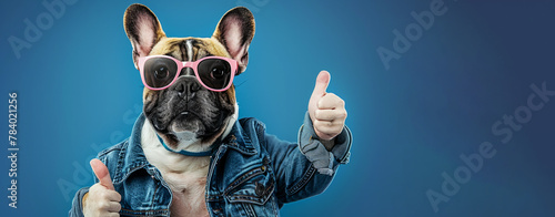 A dog wearing sunglasses and a denim jacket is giving a thumbs up. the dog is dressed up in a human-like outfit and is posing for the camera. winking cool french bulldog wearing denim, thumbs up