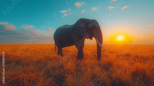  An elephant silhouetted against a sunset-tinged sky, surrounded by clouds