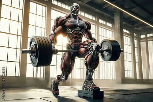 Robot weightlifter trains in the gym and lifts a heavy barbell with a lot of weight.