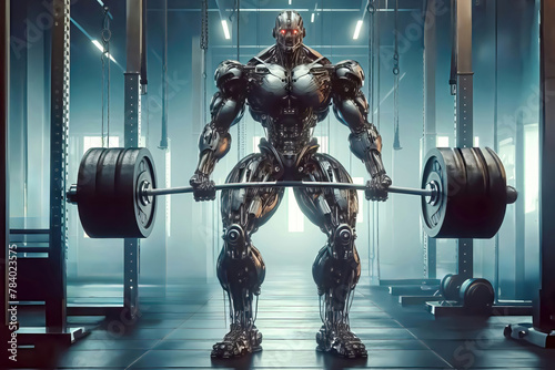A muscular robot in the gym lifts a barbell with a lot of weight.