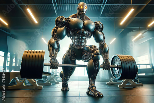 A robot in the gym performs exercises with a large weight on a barbell.