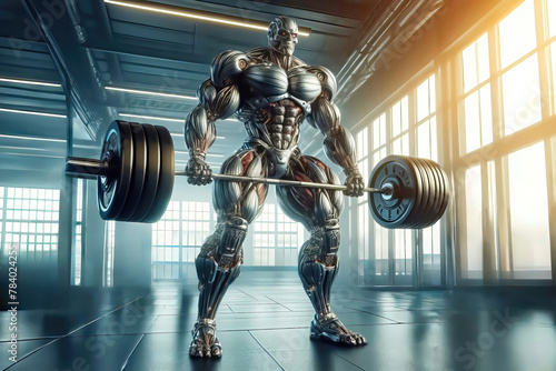 Robot weightlifter trains in the gym and lifts a heavy barbell with a lot of weight.