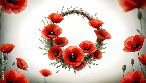 a wreath of poppies flower with green leaves surrounded by other red poppies