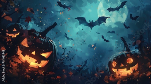 Two Halloween pumpkins with bats in the background. Perfect for Halloween themed designs