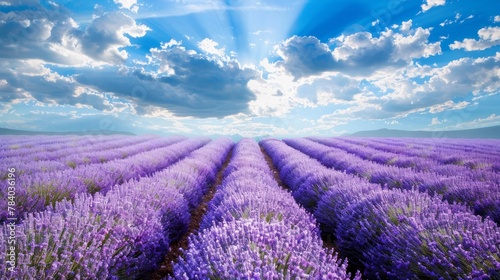Beautiful lavender field against blue cloudy sky