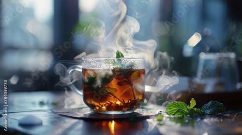 A hot cup of tea with steam rising