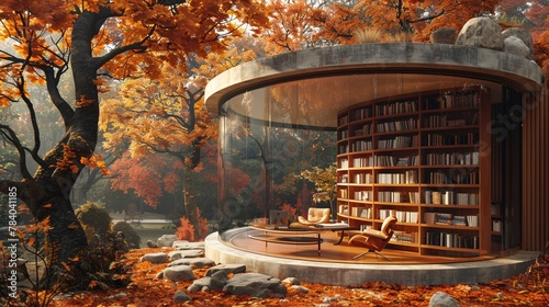A curved octagonal library enveloped in autumn foliage, offering a tranquil reading nook