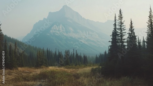Scenic View of Mountain in the Canadian Rockies Alberta Canada in late summer on sunny hazy day