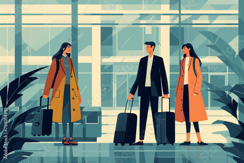 Business Travelers with Luggage at Modern Airport Terminal