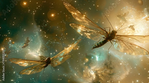 Dragonflies with gossamer wings soaring in a mystical starry cosmos, evoking a sense of wonder