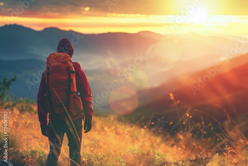 Solo Hiker Enjoying Sunset on Mountain Peak, Adventure Concept