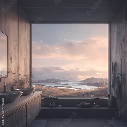 Soak in the serene vista of a modern Icelandic-designed bathroom with an expansive window.