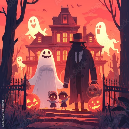 Spooktacular Adventure with Ghost Family and Scary House Halloween Illustration