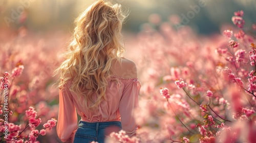  A woman with her back to the camera faces a field of blooming flowers The wind gently caresses her hair, causing it to billow around her head