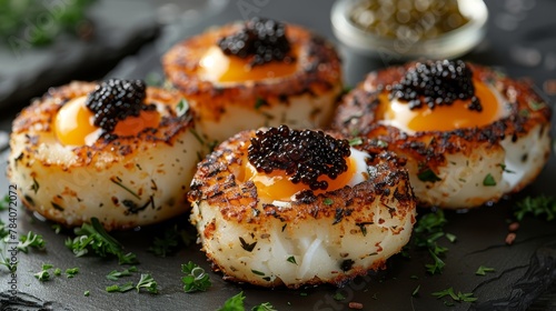  A black plate holds four scallops, each topped with black cauliflower Orange sauce caps the scallops