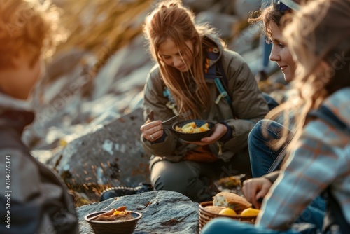 A cheerful family having a meal together during a camping trip in the great outdoors, with focus on togetherness