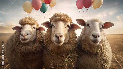 Eid al Adha greeting Sheep Portrait with balloons