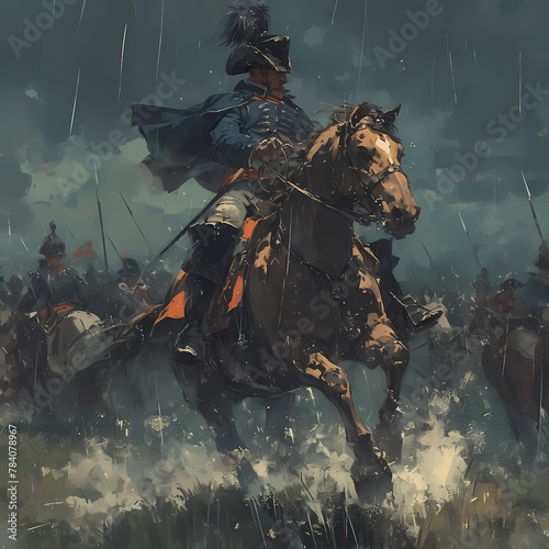 The legendary French Emperor Napoleon Bonaparte leads his troops into battle in a dramatic painting capturing the essence of The Battle of Waterloo.