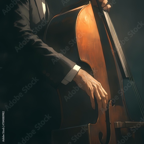 Captivating Close-Up of Double Bass Player on Stage in High-End Black Suit, Emphasizing Hands and Instrument Details
