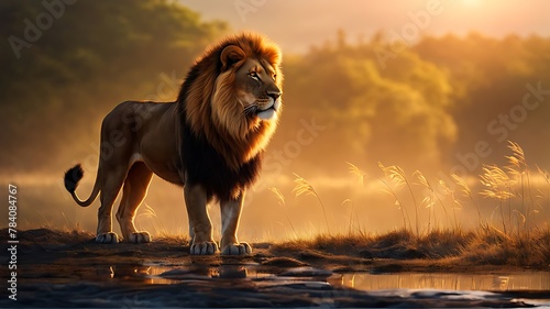 Lion standing on the edge of the lake at sunrise 