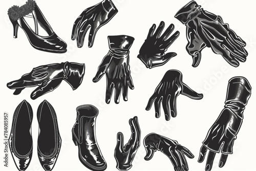 Vintage retro hands in gloves and feet in shoes. Comic retro feet and hands in different poses. Isolated mascot character elements of 1920 to 1950s. vector icon, white background, black colour icon