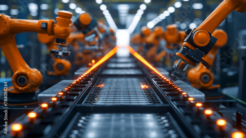 Modern automated manufacturing line, orange robotic arms are symmetrically aligned on both sides of conveyor belt, equipped with tools for precision tasks. Concept for new industrial revolution