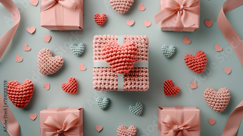 Valentine's day background with crochet hearts and gifts
