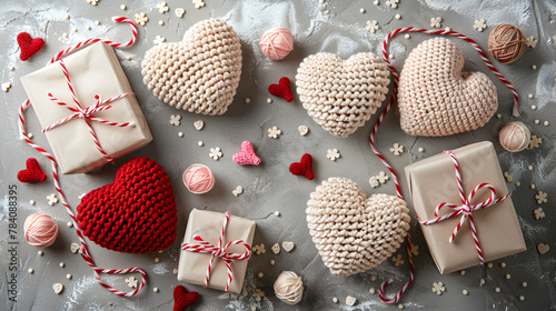 Valentine's day background with crochet hearts and gifts