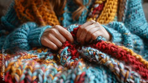 Woman crocheting a large cozy wool plaid