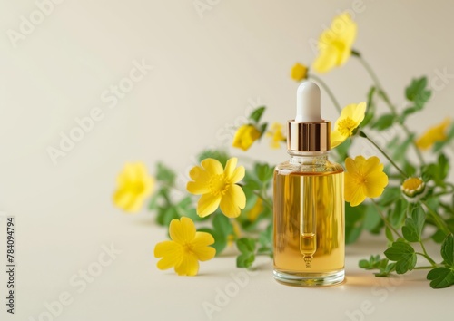 Celandine cosmetic oil in a glass pipette bottle with celandine plant with yellow flowers on the light beige background. Mockup of oil bottle for label, copy space for text