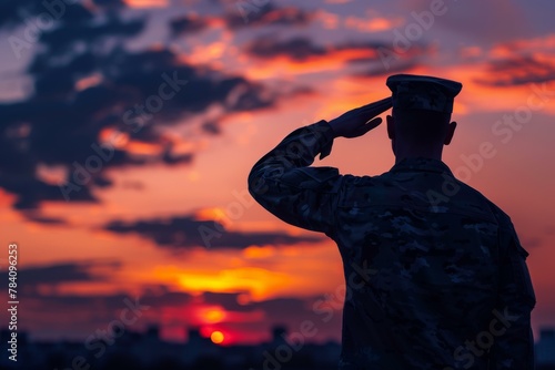 Silhouette of a Soldier Saluting at Sunset, Military Respect Concept