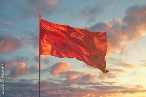 Vibrant Red Flag Waving Against Sunset Sky, Symbolism Concept