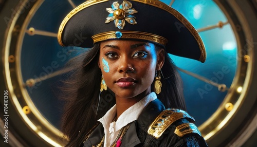 A portrait of a futuristic pirate captain, blending traditional pirate elements with sci-fi