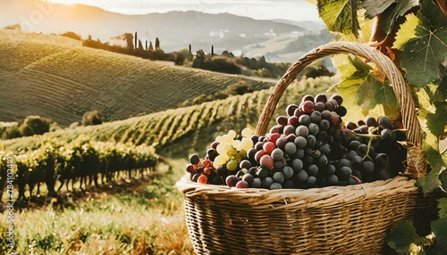  A vibrant vineyard in Tuscany during harvest, showcasing workers hand-picking ripe grapes