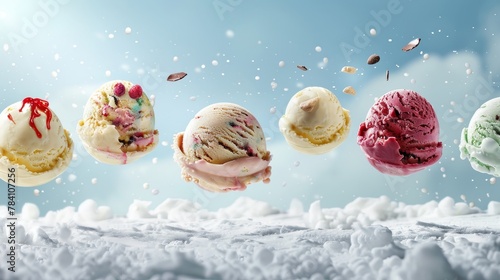 A series of flying scoops of ice cream with toppings AI generated illustration