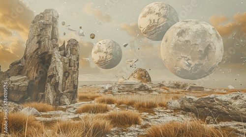 A surreal landscape with floating objects AI generated illustration