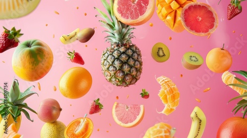A variety of tropical fruits suspended in mid-air AI generated illustration