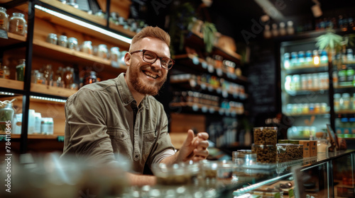 Smiling confident male budtender, worker or owner of cannabis dispensary