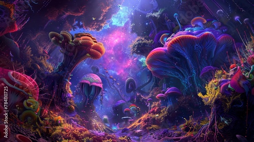 Alien flora and fauna floating in a psychedelic realm of pulsating colors AI generated illustration