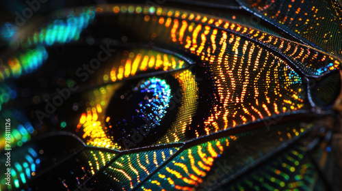 Fantastic trippy texture of a colorful butterfly wing, high magnification, bright neon colors