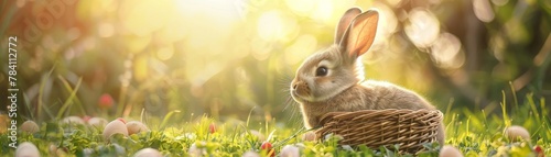 The Easter bunny with a basket on a soft-focus background, offering a gentle, text-appropriate space, bright and clear