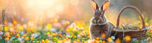 The Easter bunny with a basket on a soft-focus background, offering a gentle, text-appropriate space, bright and clear
