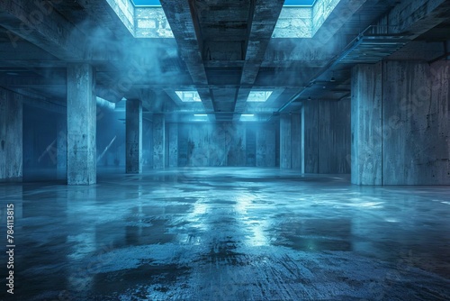 underground concrete basement with blue lighting industrial grunge 3d illustration