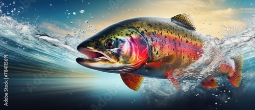Panoramic banner of rainbow trout jumping out of water with splashing fish taking bait