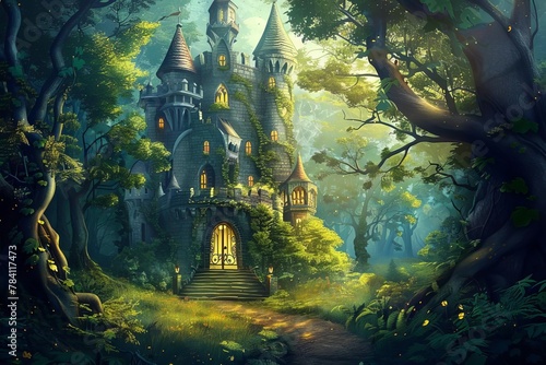 whimsical fairy tale castle nestled in a magical forest childrens book digital illustration digital ilustration