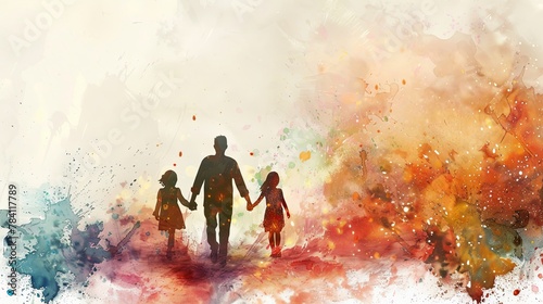 Silhouette of Father and child in Vibrant Watercolor