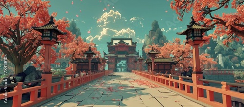 Enchanting Autumn Landscape with Ornate Asian Temple and Pagodas